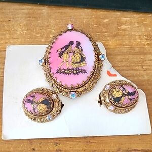 West Germany brooch matching earrings clip pink silhouette stunning